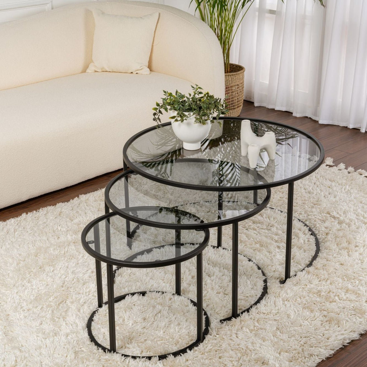 Moderne Salontafel Set van 3 Uru Zwart - Grijs Glas - 80/60/42 cm