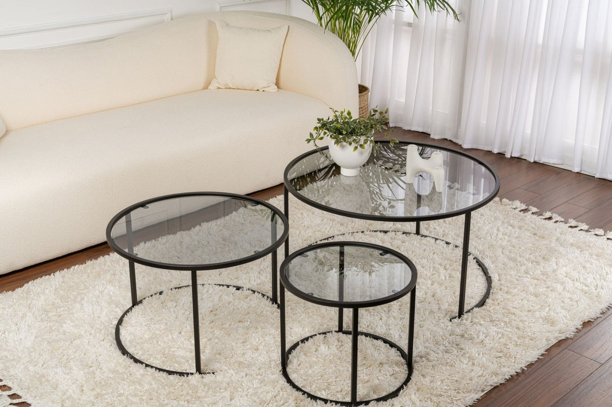 Moderne Salontafel Set van 3 Uru Zwart - Grijs Glas - 80/60/42 cm