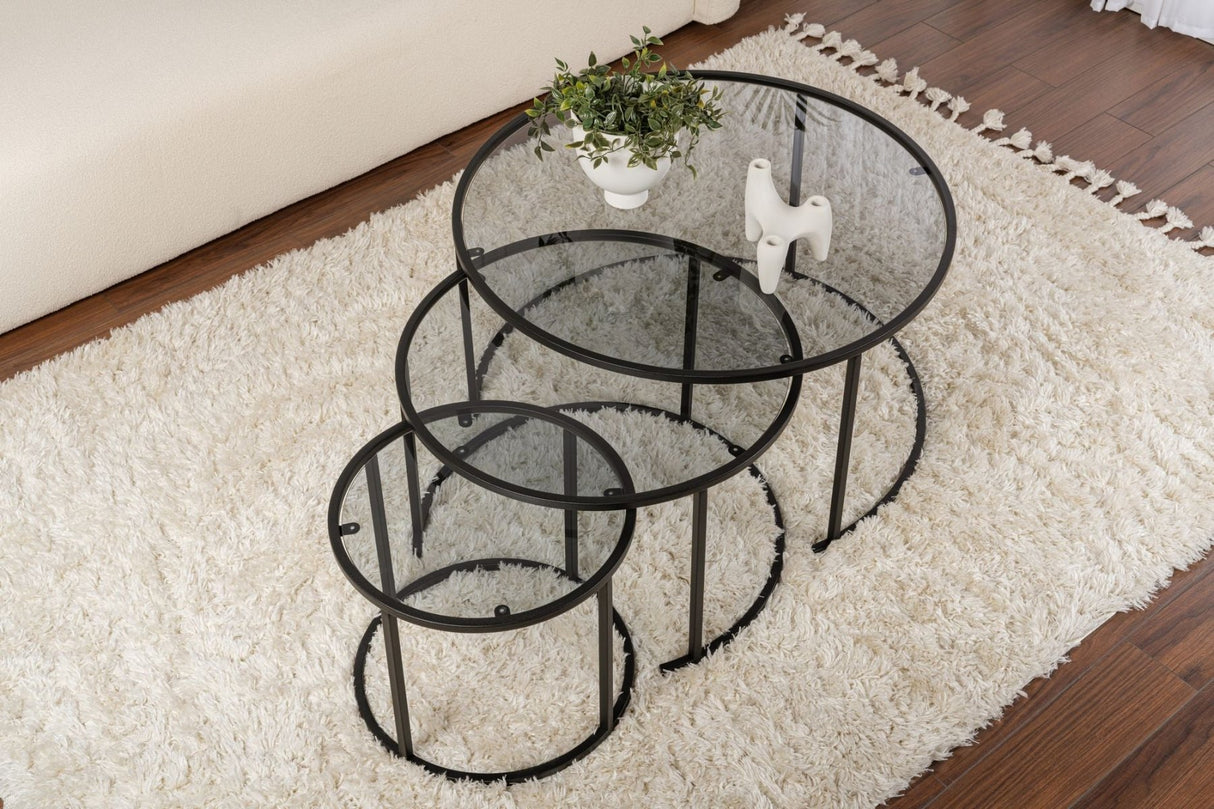 Moderne Salontafel Set van 3 Uru Zwart - Grijs Glas - 80/60/42 cm