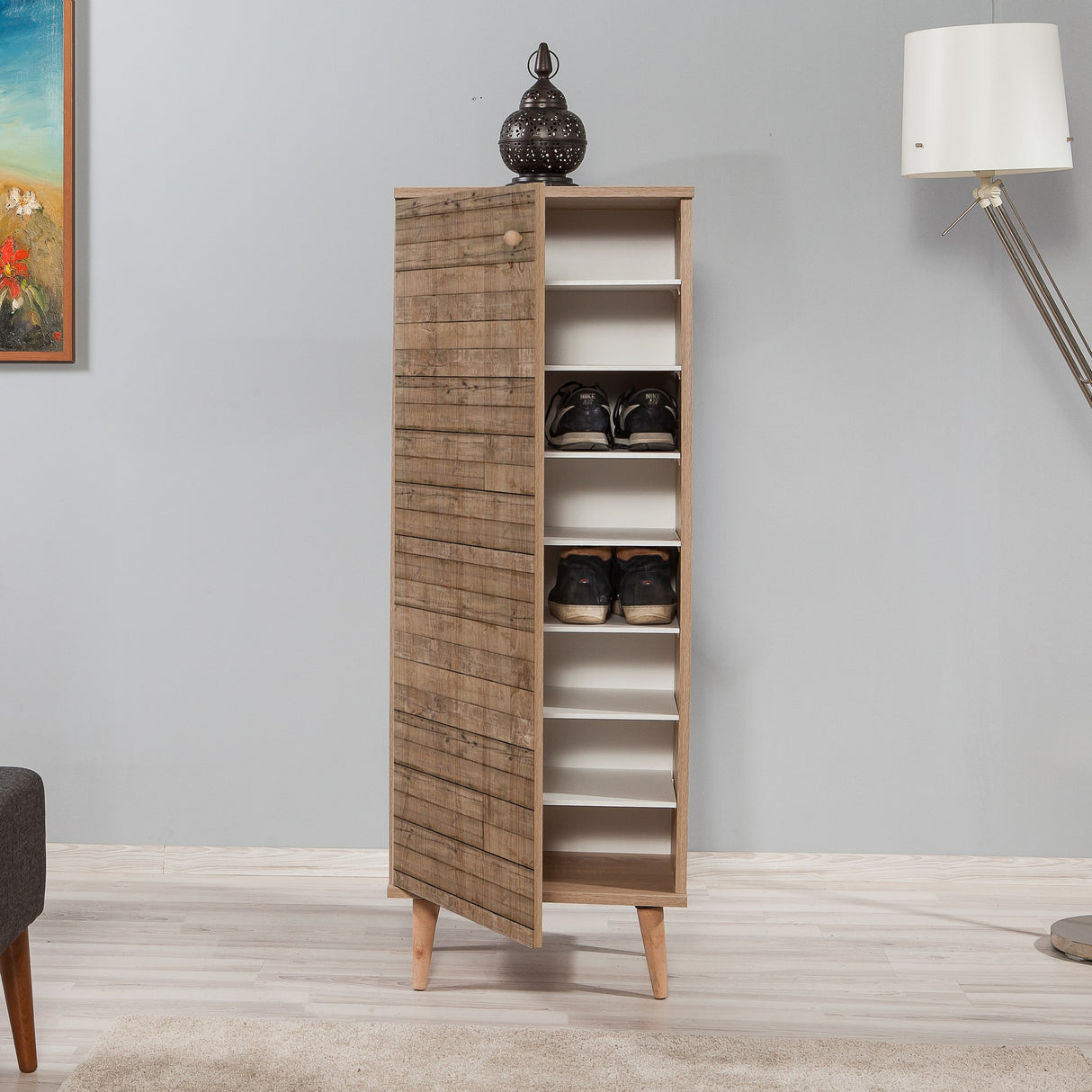 Schoenenkasten - Schoenenkast Filinta Sonoma Eik Latjes Melamine 50x135x38 cm - Dimehouse