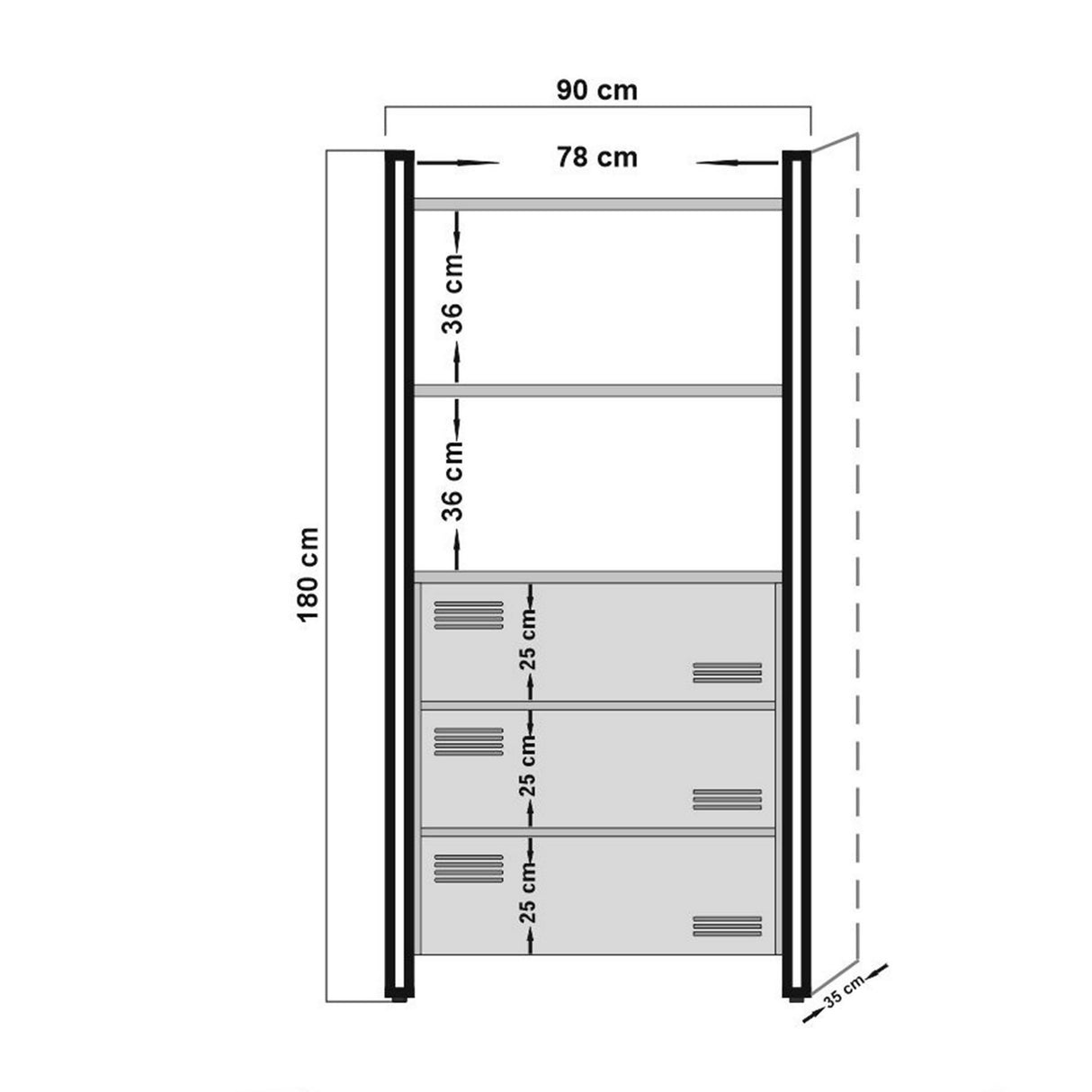 Boekenkasten - Industriële boekenkast met lades dennenhout melamine zwart metaal Cosmo 90x180x35 cm - Dimehouse