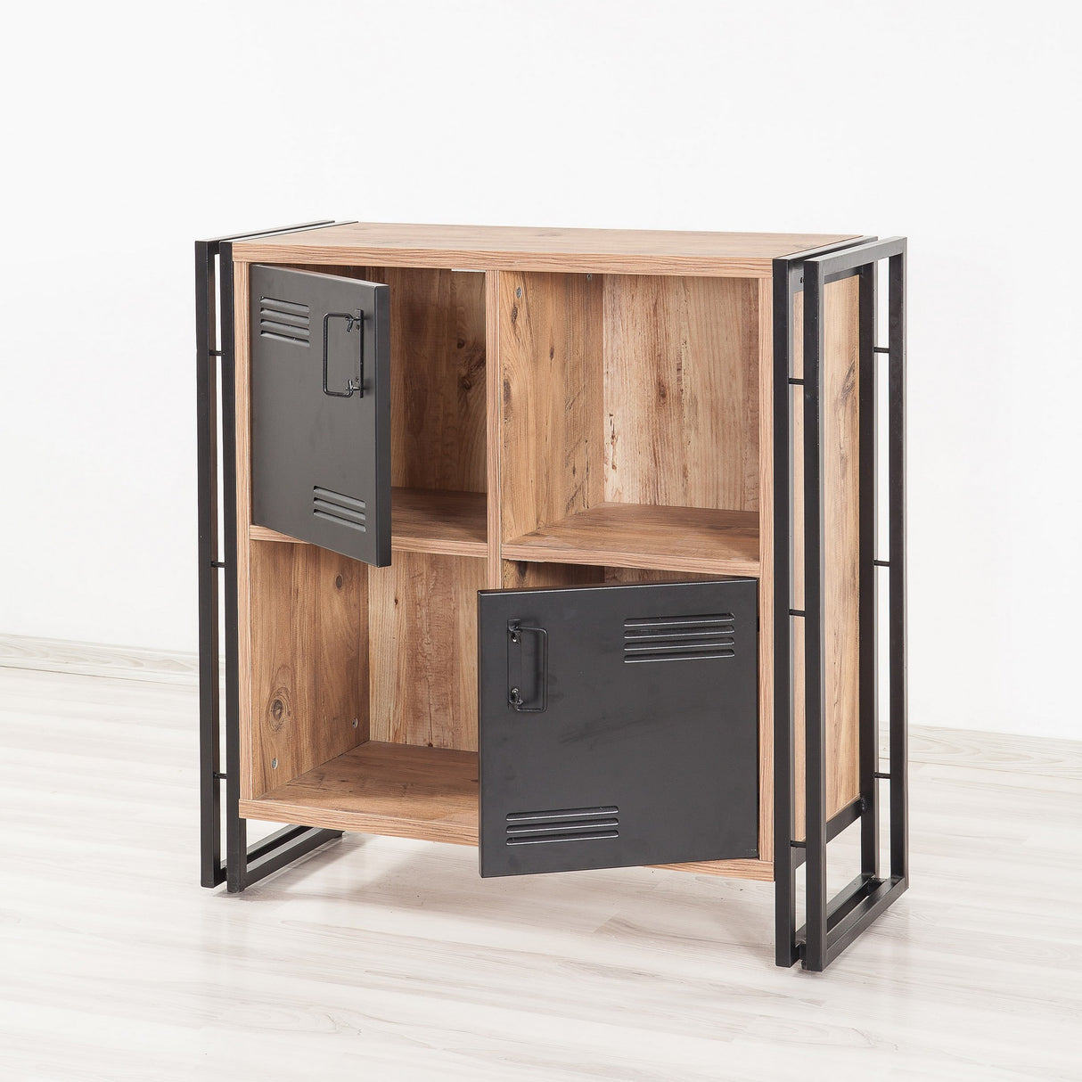 Boekenkasten - Industrieel dressoir dennenhout melamine zwart metaal Cosmo 89x89x35 cm - Dimehouse