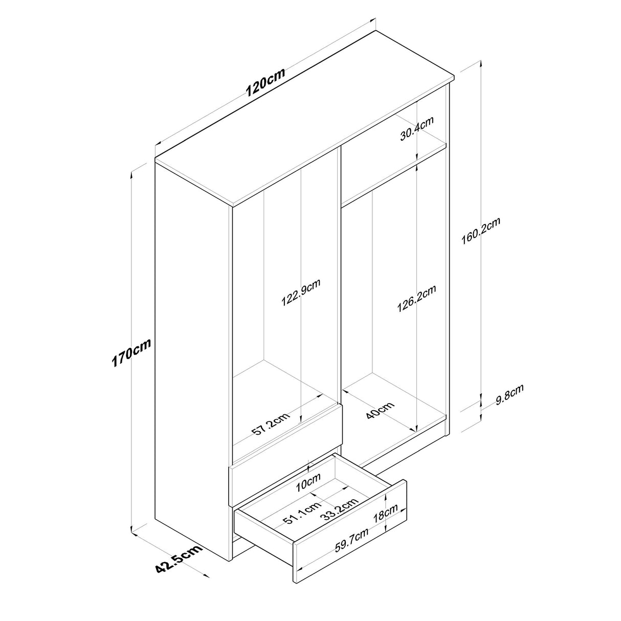 Armoire Mélamine Blanc Noyer - À suspendre et à poser - 120x170x42,5 cm - Aspen