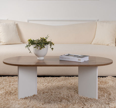 Table basse ovale aspect noyer - Pied blanc - Sabla - 119x60 