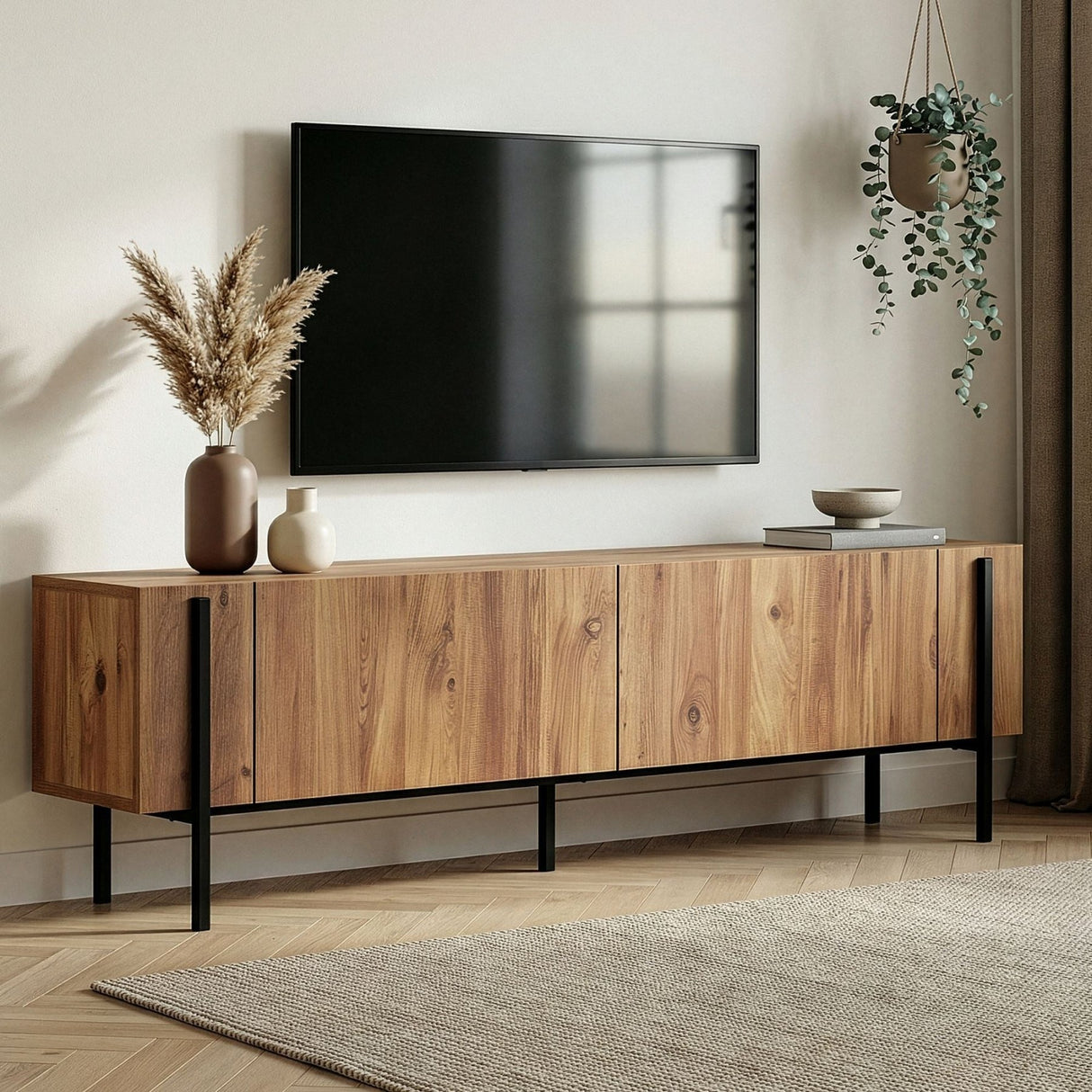 Meuble TV Nexus aspect chêne avec bois composite noir 180 cm Pin Atlantique aspect chêne et mélaminé noir