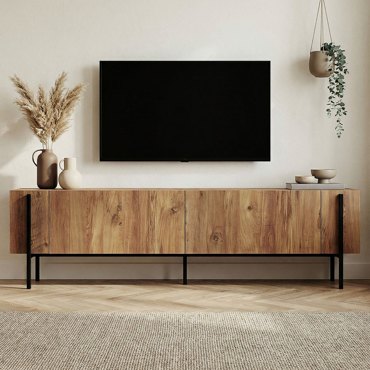 Meuble TV Nexus aspect chêne avec bois composite noir 180 cm Pin Atlantique aspect chêne et mélaminé noir