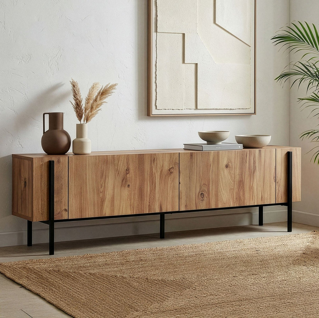 Meuble TV Nexus aspect chêne avec bois composite noir 180 cm Pin Atlantique aspect chêne et mélaminé noir