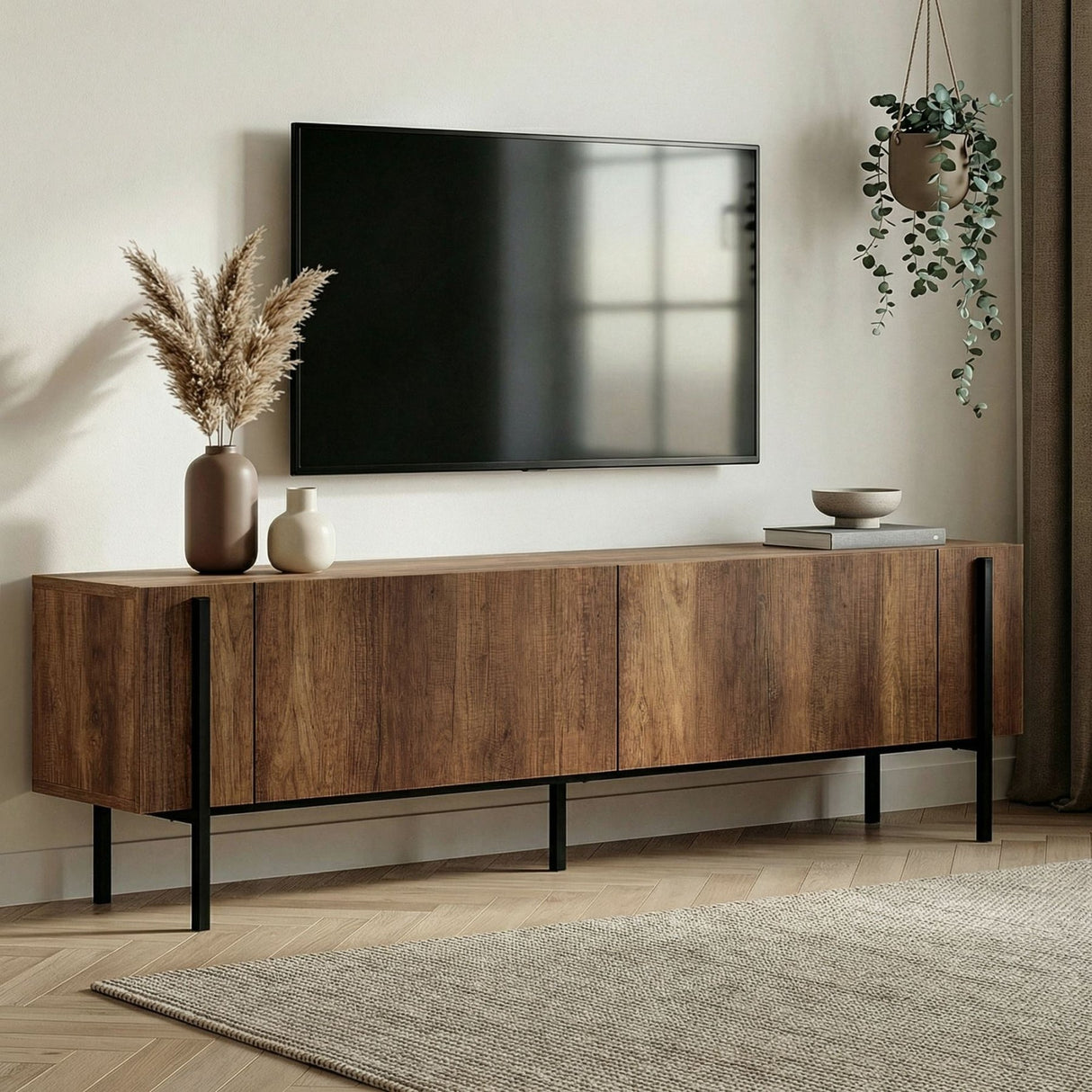 Meuble TV Nexus aspect noyer noir 180 cm Aspect baroque noyer et bois composite mélaminé noir