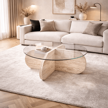 Table basse Aris ronde 75 cm en verre - Piètement en travertin 