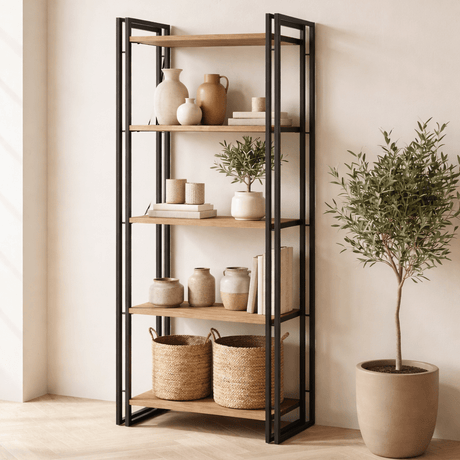 Boekenkasten - Industriële boekenkast dennenhout melamine zwart metaal Cosmo 60x180x35 cm - Dimehouse