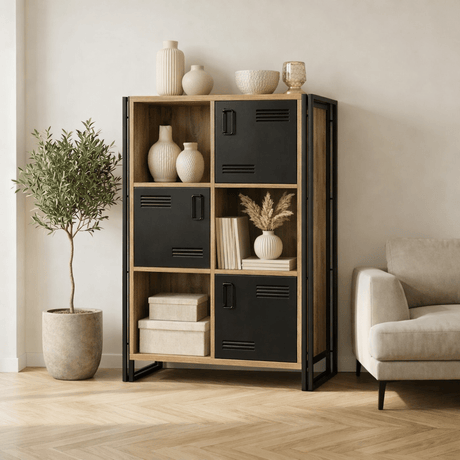 Meuble industriel bois de pin mélaminé métal noir Cosmo 89x127x35 cm