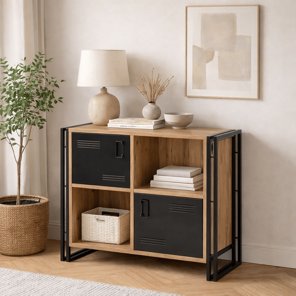 Boekenkasten - Industrieel dressoir dennenhout melamine zwart metaal Cosmo 89x89x35 cm - Dimehouse