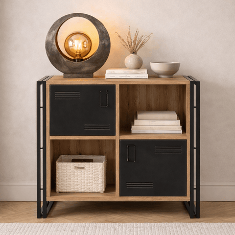 Buffet industriel bois de pin mélaminé métal noir Cosmo 89x89x35 cm