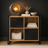 Boekenkasten - Industrieel dressoir dennenhout melamine zwart metaal Cosmo 89x89x35 cm - Dimehouse