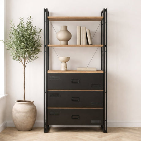 Bibliothèque industrielle avec tiroirs en bois de pin mélaminé métal noir Cosmo 90x180x35 cm