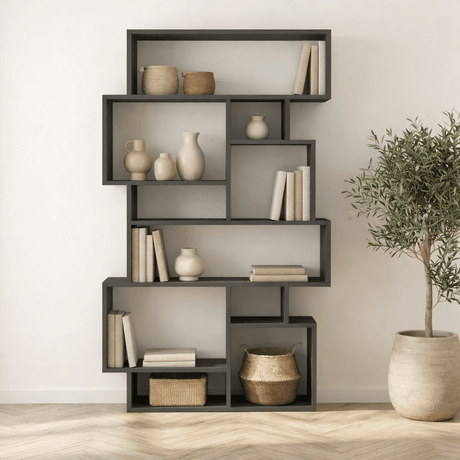 Bibliothèque asymétrique mélamine anthracite Karmato 96x168,5x25,5 cm