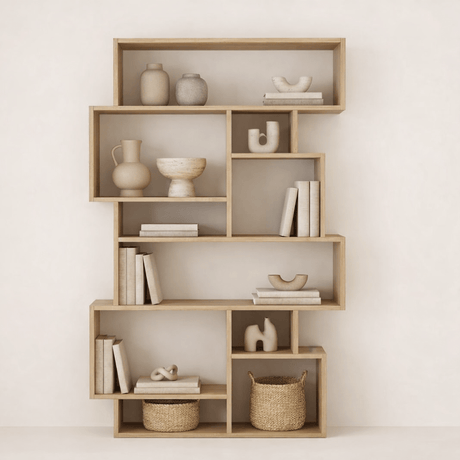 Bibliothèque asymétrique mélamine aspect chêne Karmato 96x168,5x25,5 cm