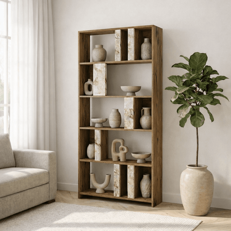 Boekenkasten - Asymmetrische boekenkast marmerlook walnoot melamine Lima 90x180x20 cm - Dimehouse