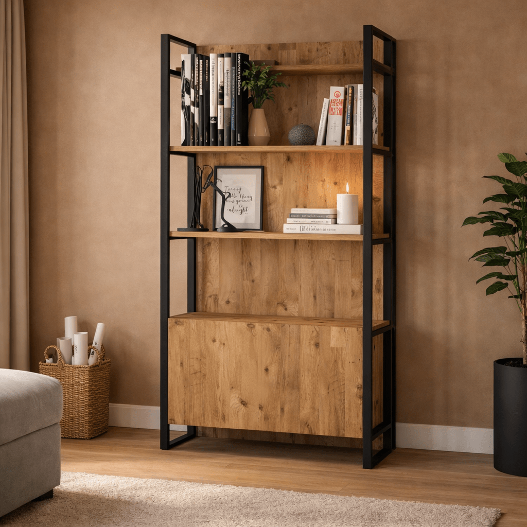 Boekenkasten - Industriële boekenkast met planken en gesloten opbergvak dennenhout melamine Lyra 90x180x34 cm - Dimehouse
