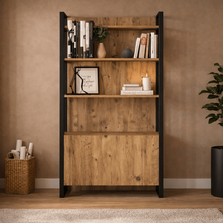 Bibliothèque industrielle avec étagères et rangement fermé pin mélaminé Lyra 90x180x34 cm