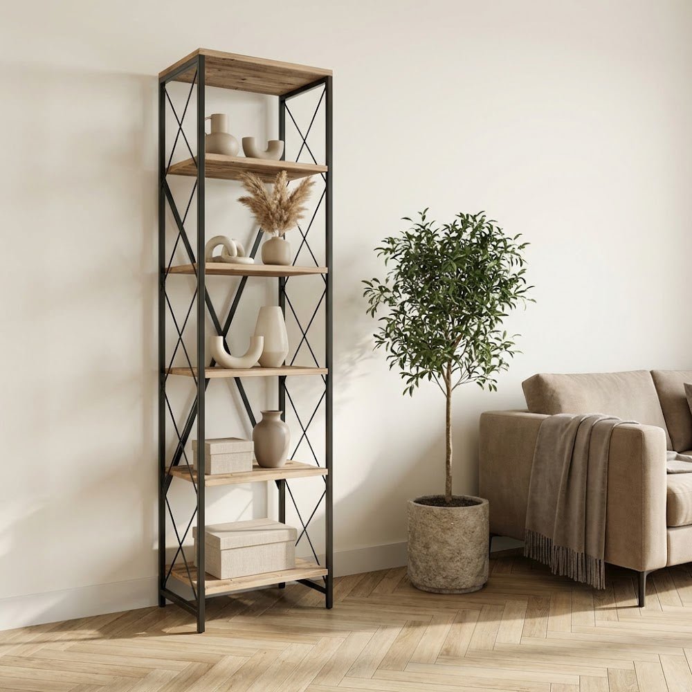 Boekenkasten - Boekenkast Suadiye Atlantisch Dennenhout Zwart Melamine 50x180x30 cm - Dimehouse