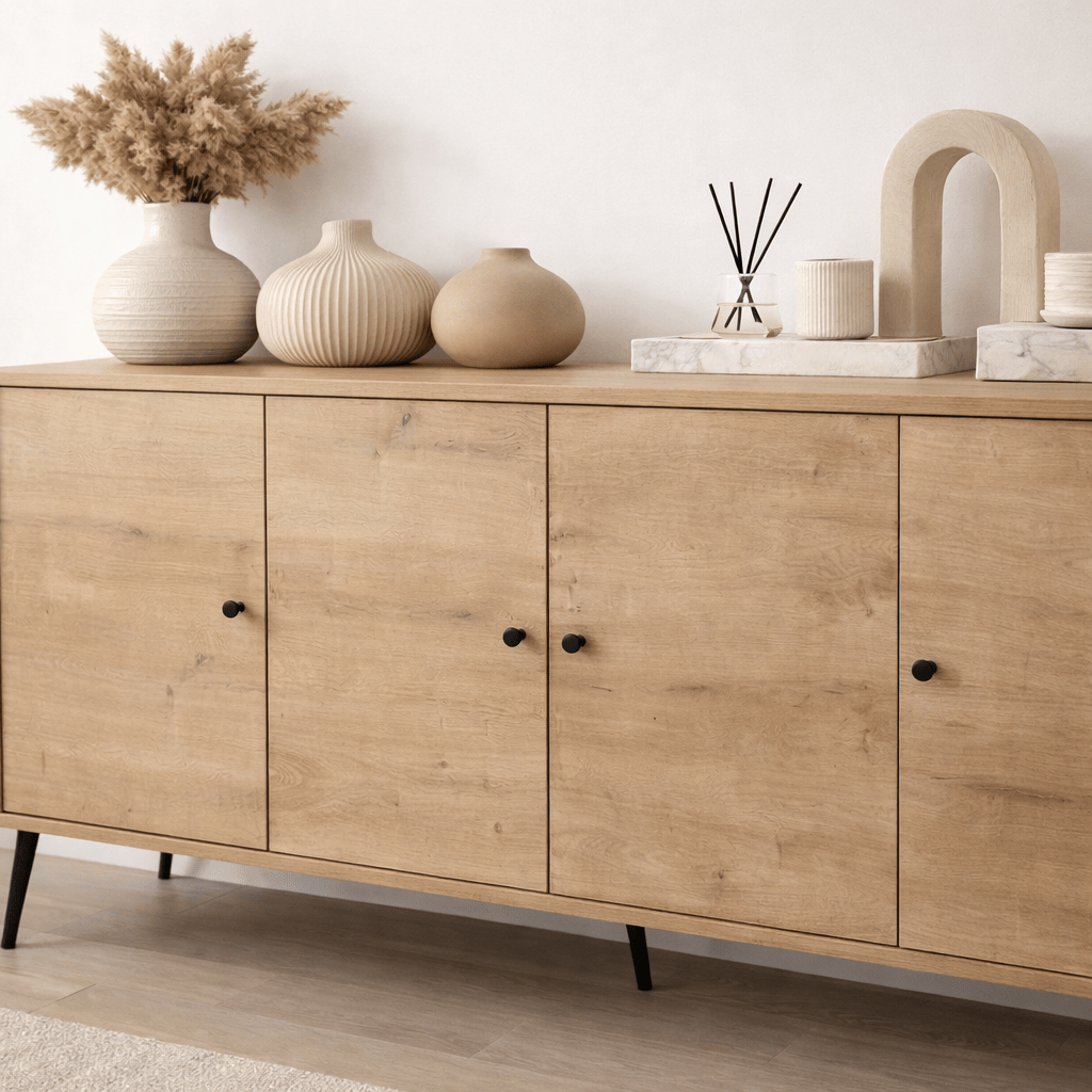 Buffet Calvin aspect chêne à fermeture amortie 180 cm Mélamine - Quatre portes