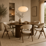 Eetkamerstoelen-Japandi eetkamerstoel zandkleur bouclé Miyu - walnoot frame - met armleuning-Dimehouse