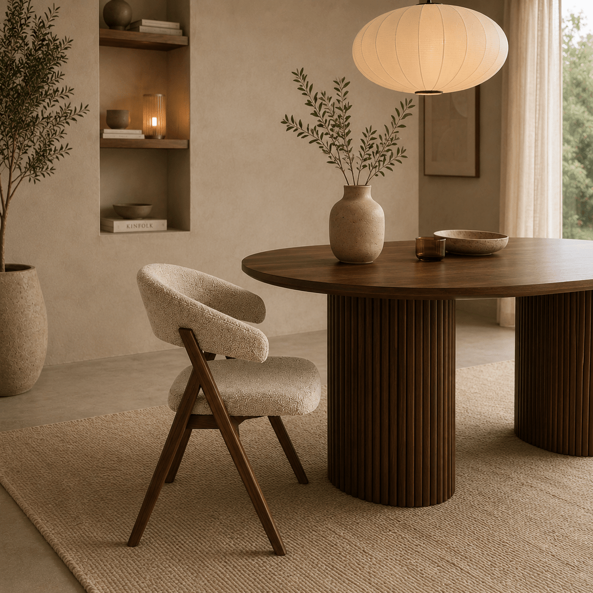 Eetkamerstoelen-Japandi eetkamerstoel zandkleur bouclé Miyu - walnoot frame - met armleuning-Dimehouse