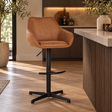 Barkrukken-Venom Barkruk Cognac Eco-leer - Verstelbare Draaibare Barstoel met Armleuning-Dimehouse