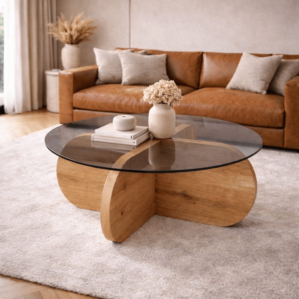 Table basse Aris ronde 75 cm en verre teinté - Mélamine chêne 