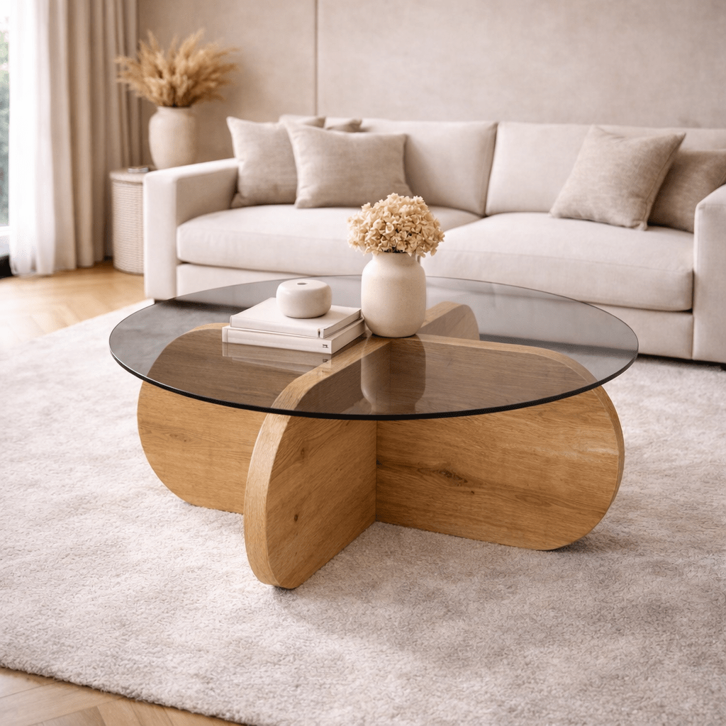 Table basse Aris ronde 75 cm en verre teinté - Mélamine chêne 