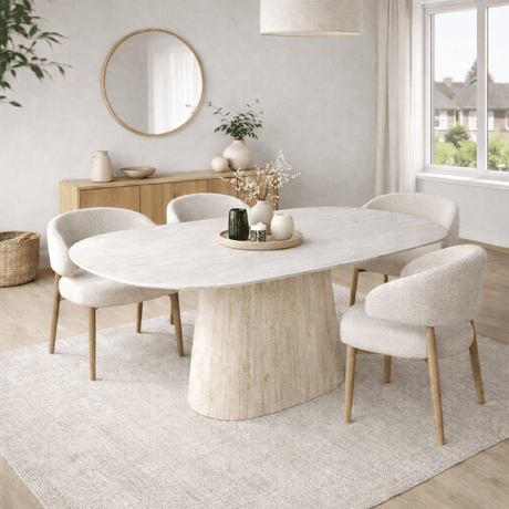 Eettafels - Sintered Stone Marmerlook Travertin Eettafel Lea 180x90 cm - Deens Ovaal - Dimehouse