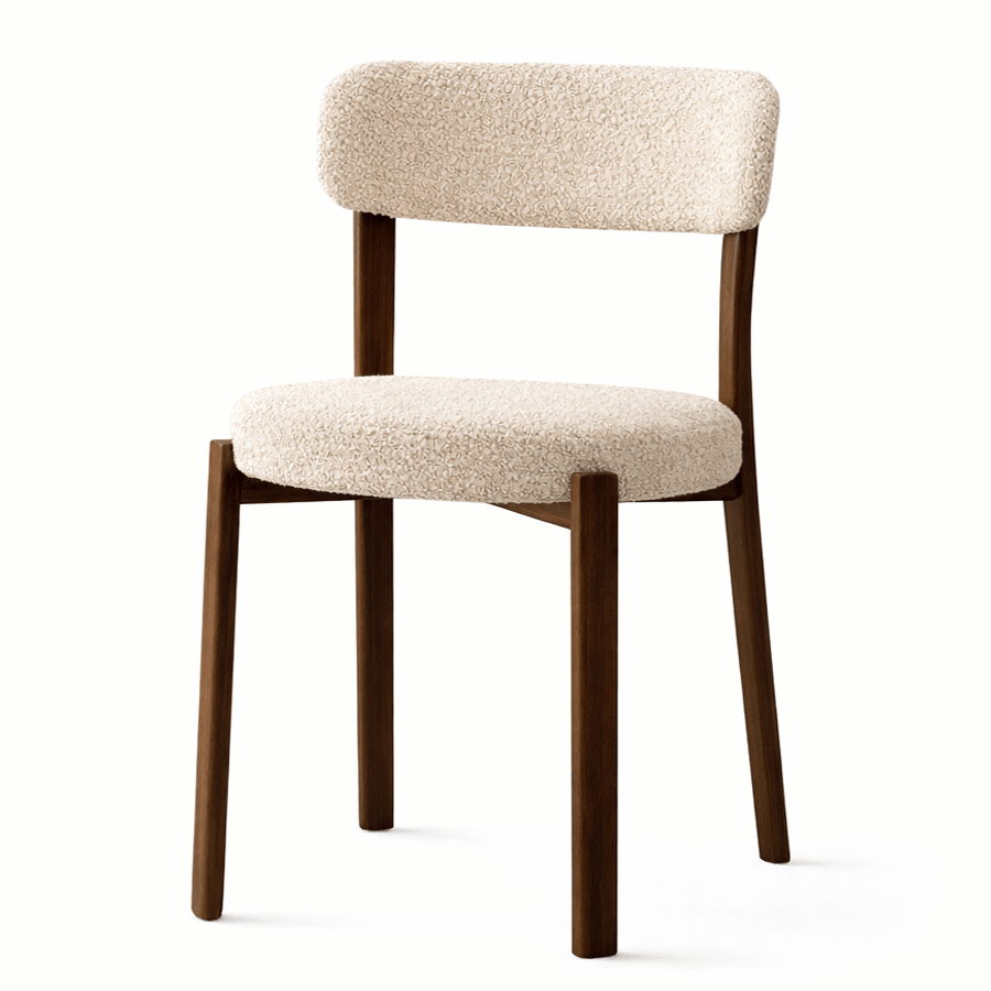 Eetkamerstoelen - Eetkamerstoel bouclé zandkleur Aiko - walnootlook frame - Japandi - Dimehouse