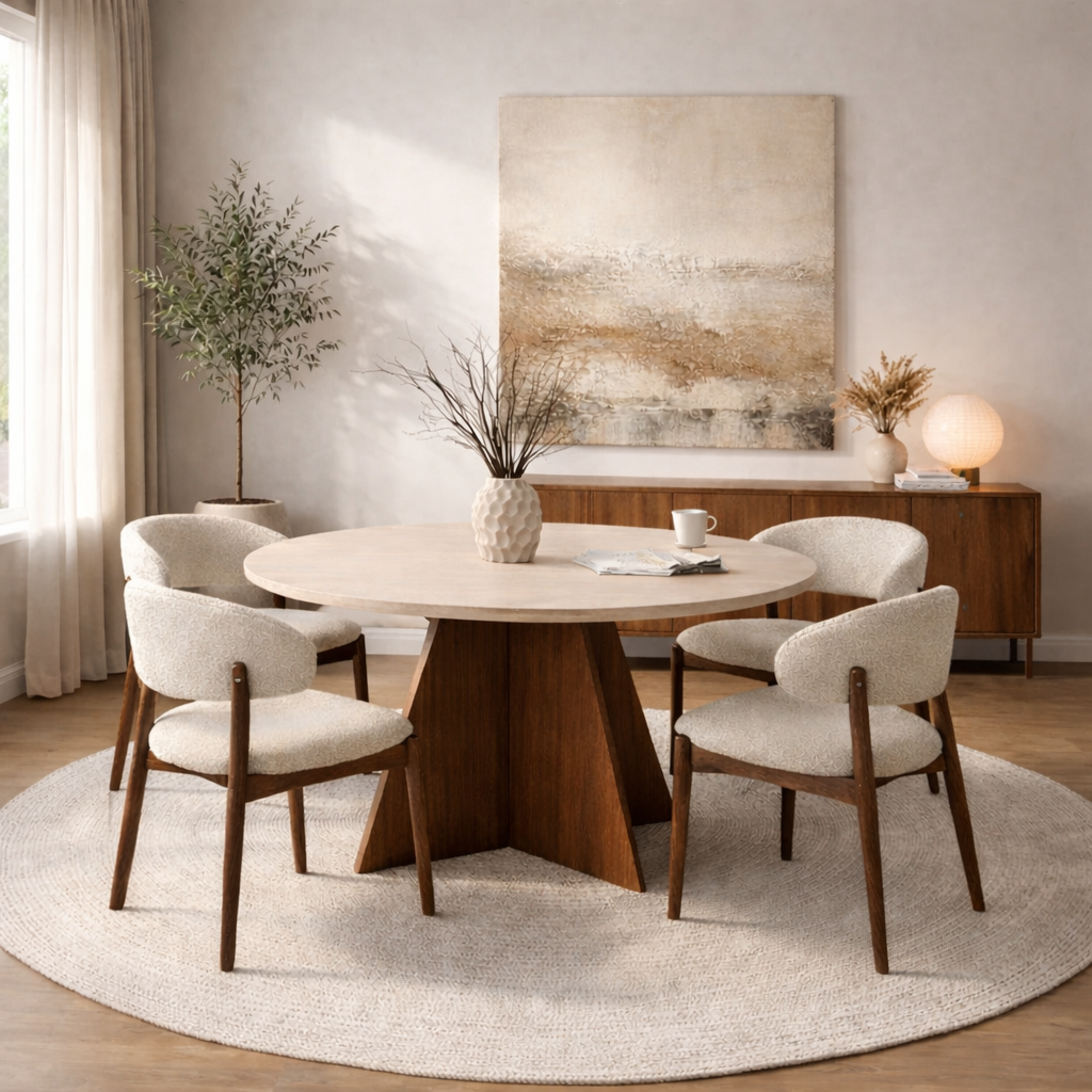 Table à manger ronde Mary en mélamine décor noyer – 125 cm