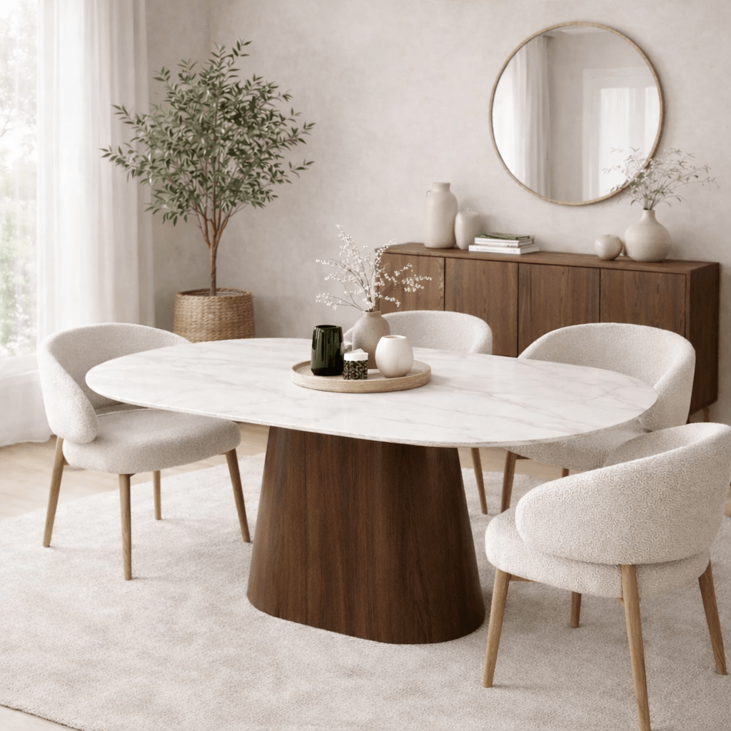 Table à manger Pierre Frittée Aspect Marbre Blanc - Structure Noyer - Ovale Danois - 180x90 cm - Lea