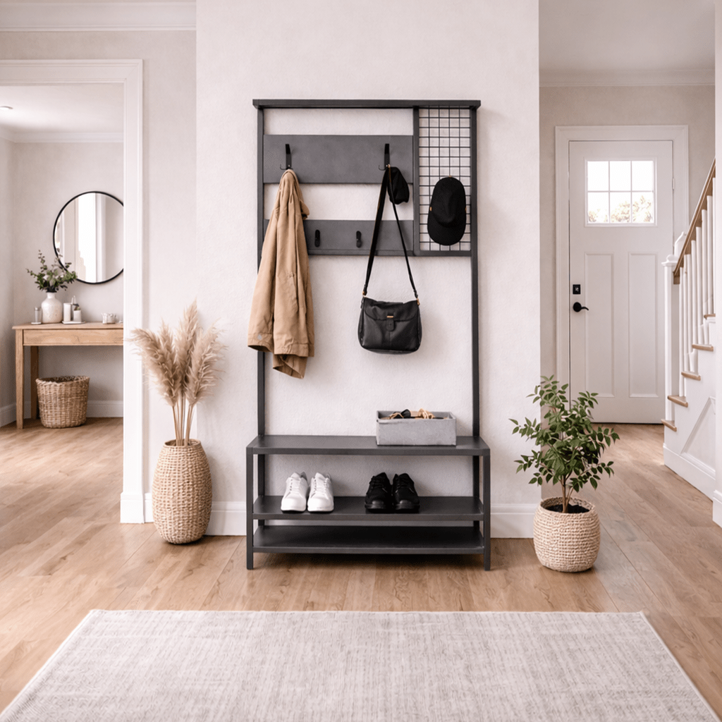 Meuble de rangement Porte-manteau Anthracite Mélamine Novad - Avec étagères 