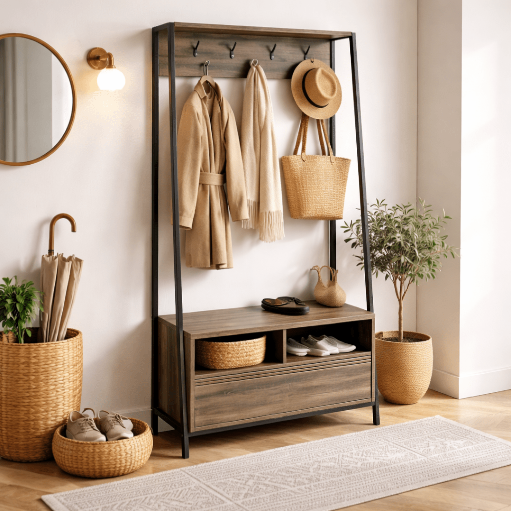 Meuble de rangement Porte-manteau Noyer Mélamine Devon - Avec Compartiments et Tiroir 