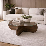 Salontafels-Ronde salontafel Aris walnoot melamine en transparant glas 75 cm-Dimehouse