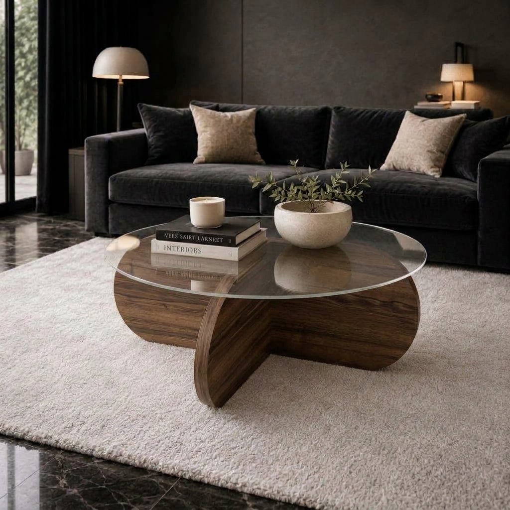 Salontafels-Ronde salontafel Aris walnoot melamine en transparant glas 75 cm-Dimehouse