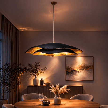 Hanglampen - Hanglamp zwart met goud carbon betonnen kap - 40 en 50 cm - Flowing - Dimehouse