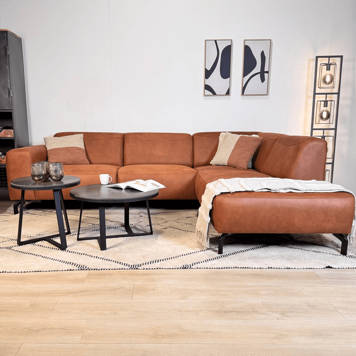 Canapé d'angle Barin cognac robuste en cuir écologique à droite 