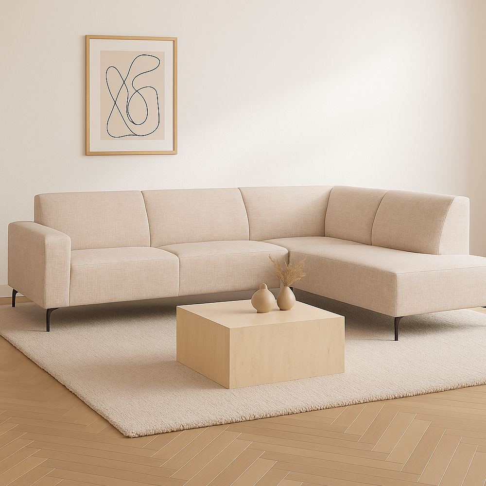 Canapé d'angle manon avec chaise longue sur le beige de chenille droite