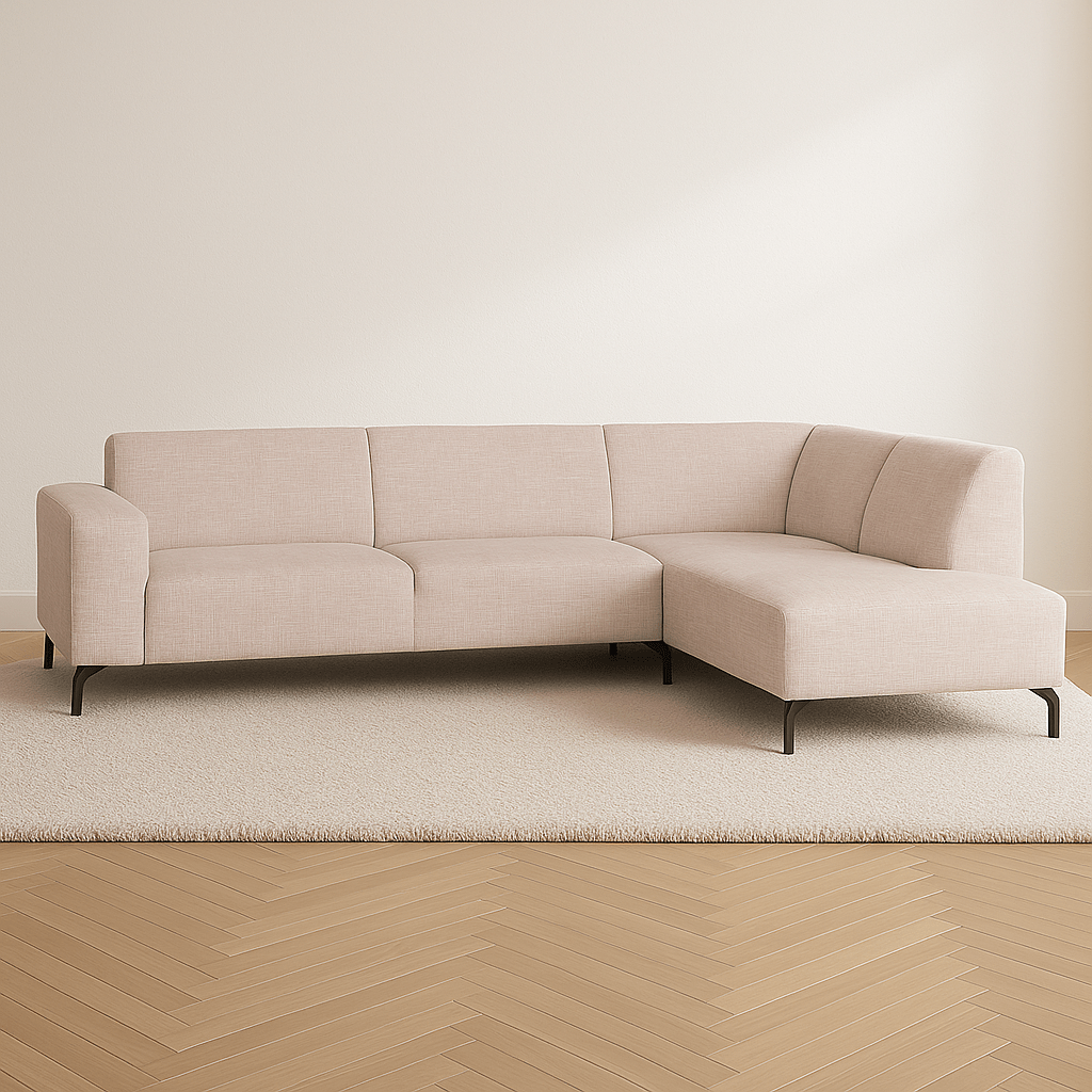 Canapé d'angle manon avec chaise longue sur le beige de chenille droite