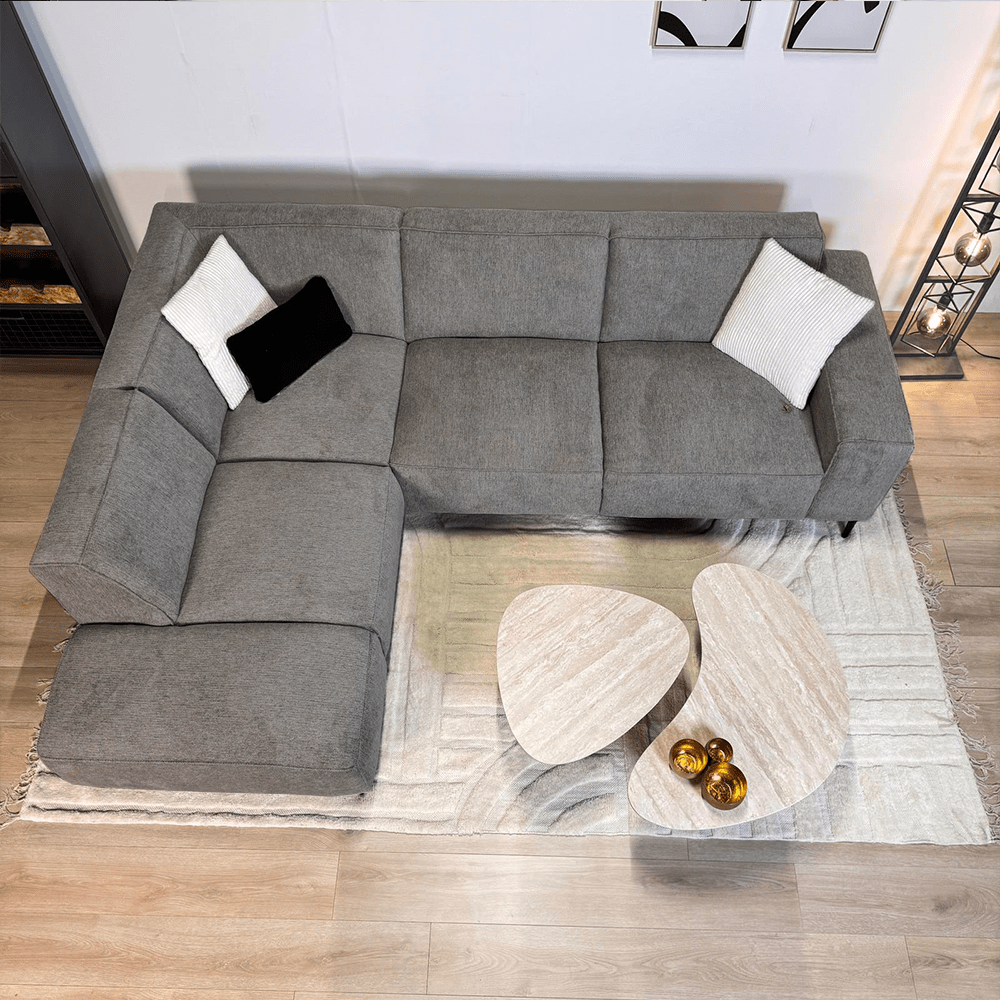 Canapé d'angle Ravi – Chenille Mêlée Taupe – Droit 