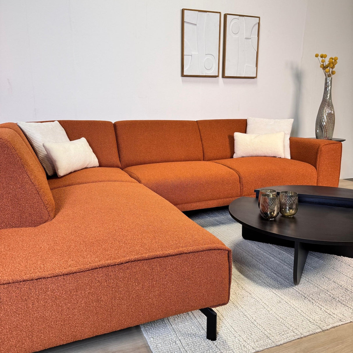 Canapé d'angle Maël en tissu bouclé couleur terracotta - gauche 