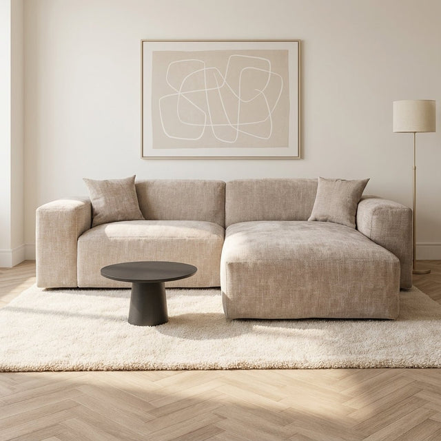 Hoekbank Wayne Chenille Taupe 260cm - Links & Rechts Monteerbaar sfeerfoto in modern interieur