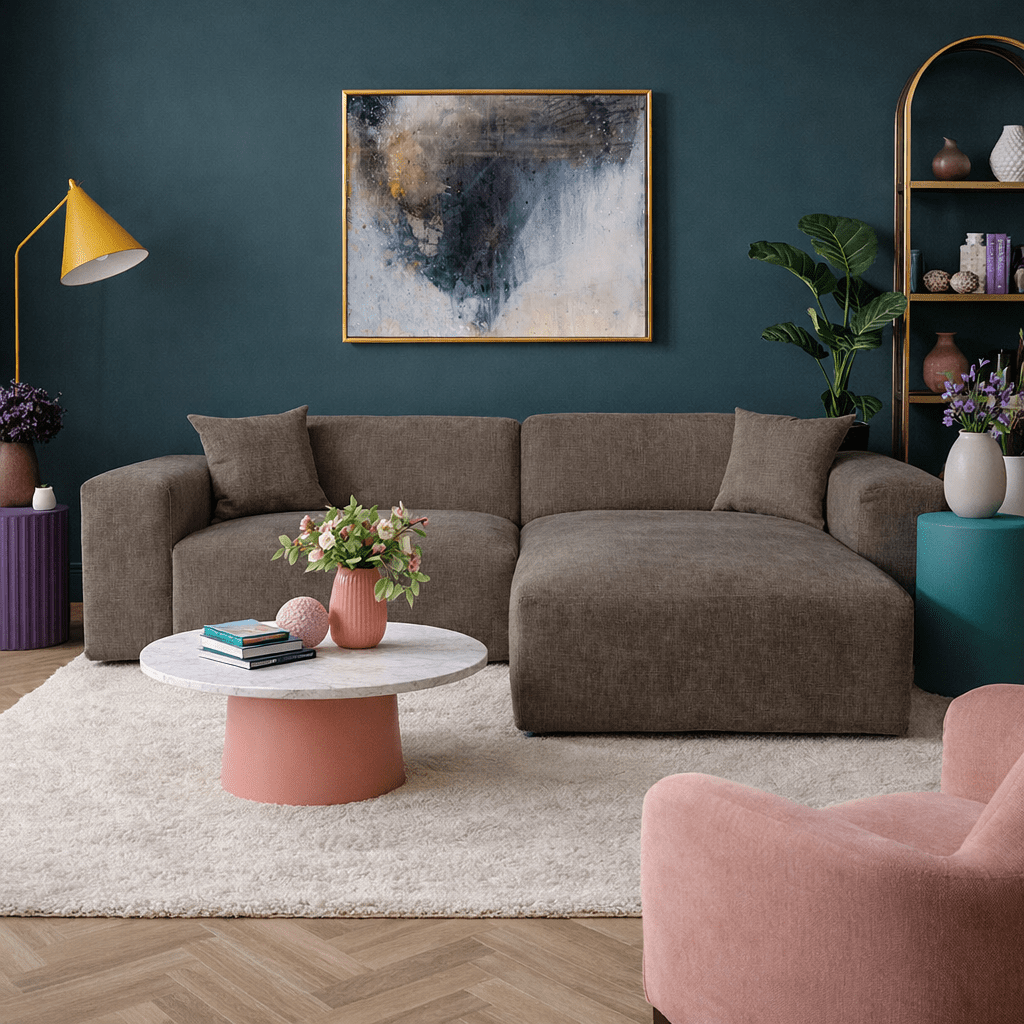 Hoekbank taupe chenille Wayne 264 cm - hoek links en rechts monteerbaar