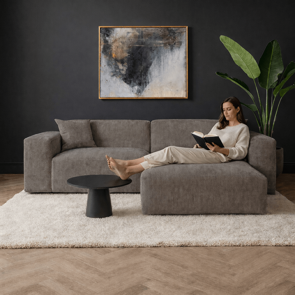 Hoekbank taupe chenille Wayne 264 cm - hoek links en rechts monteerbaar