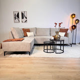 Canapé d'angle avec chaise longue beige en chenille Yara - gauche 