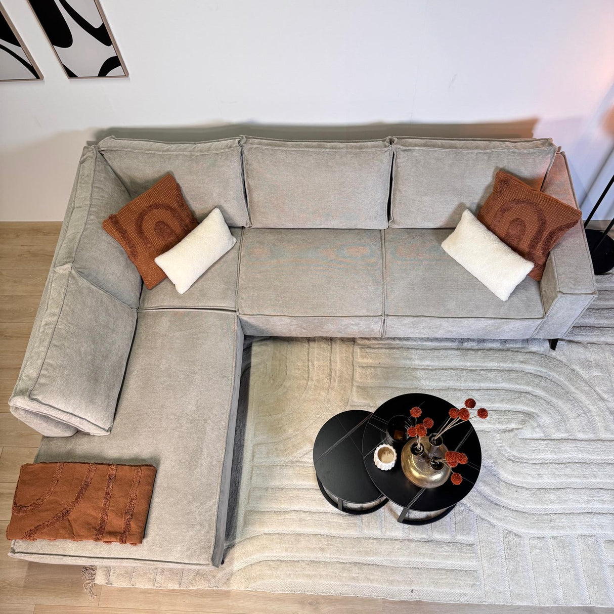 Canapé d'angle avec chaise longue beige en chenille Yara - gauche 